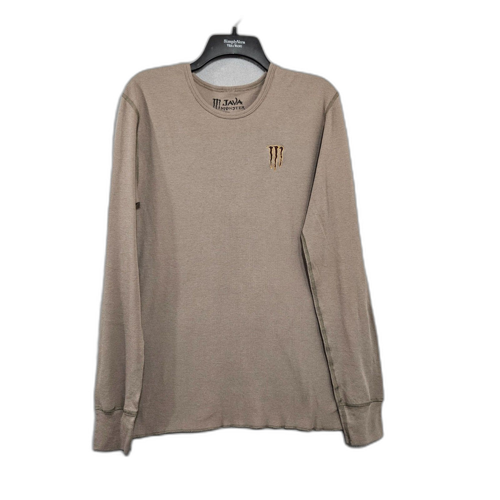 Java Monster Merch Ladies Large Waffle Knit Thermal Long Sleeve Top Light Brown